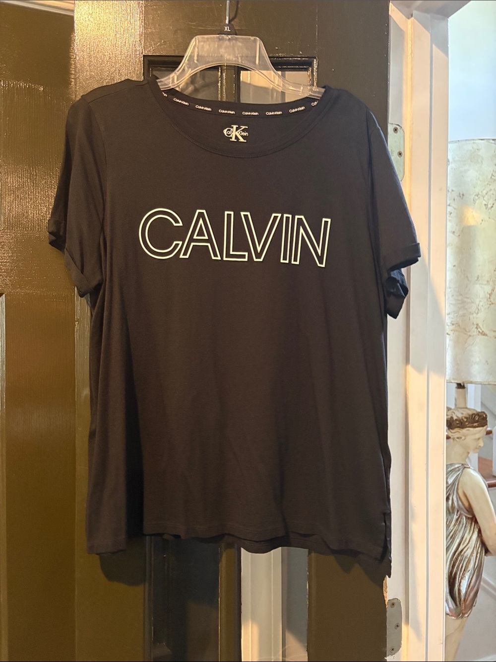 Calvin Klein Black Short Sleeve Tee with White Outlined 'CALVIN' Logo